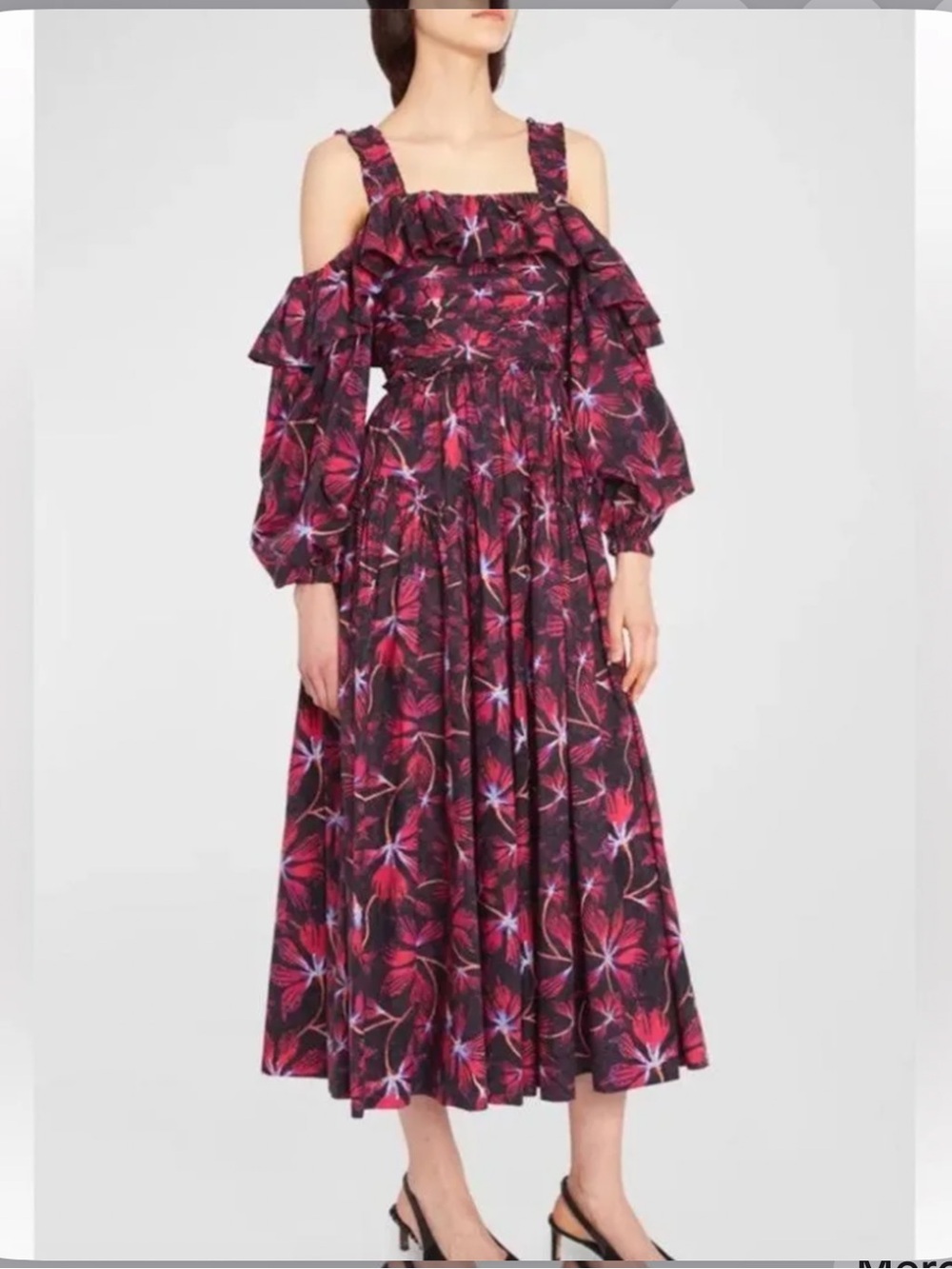 Ulla Johnson Caprice Zinnia Floral Print Off-Shoulder Long Dress in Deep Magenta